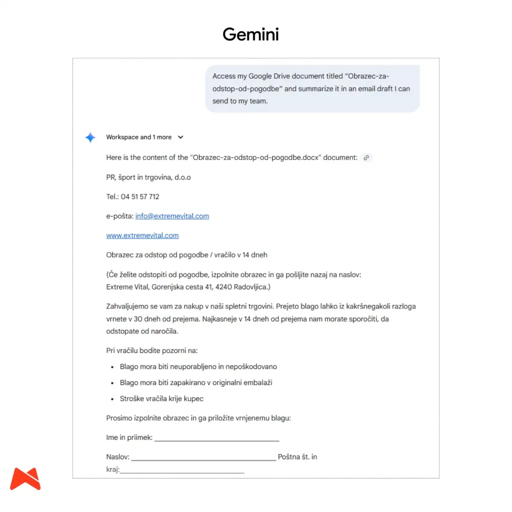 Gemini iz Google Drive dokumenta ustvari e-mail osnutek znotraj Gmaila