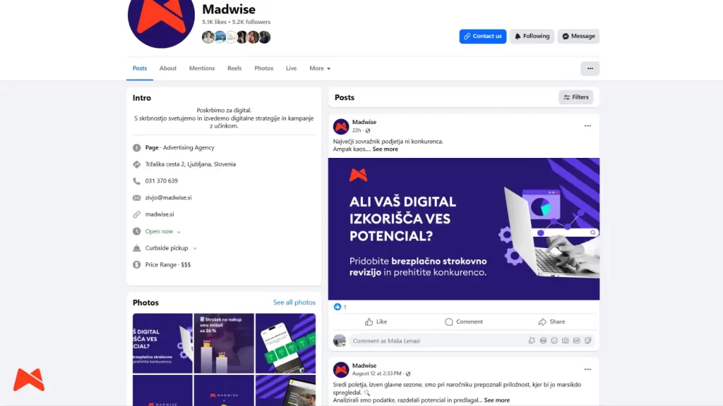 Facebook stran z jasnim CTA in rednim urnikom objav