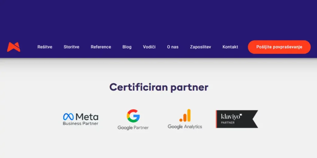 Certifikati in partnerstva marketing agencije Google Meta Klaviyo Analytics